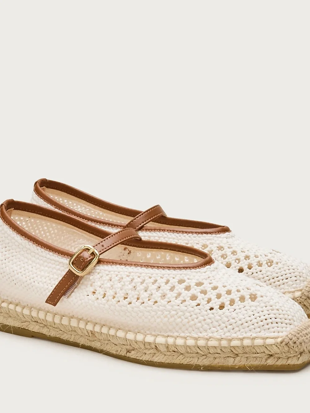 J. Crew Cream Crochet Mary Jane Espadrilles with Brown Trim